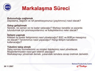 Markalaşma Süreci Bulunurluğu sağlamak Depolama, dağıtım ve raf penetrasyonunuz (yayılımınız) nasıl olacak? Satışı geliştirmek Nerede, ne zaman ve ne kadar satacağız? Markayı kanalda ve pazarda tutundurmak için promosyonlarımız ve kolaylıklarımız neler olacak? İletişim yapmak Kitlesel ve birebir iletişimimizi nasıl yöneteceğiz? B2C ve B2B'ye mesajımız ne olacak? Tanıtımımızı nasıl yapacağız? Hangi iletişim kanallarını kullanacağız? Tüketimi takip etmek Satış sonrası hizmetlerimiz ve müşteri ilişkilerimiz nasıl yönetilecek. Müşterilerimizden nasıl geri bildirim alacağız? Markalaşmayı yönetmek demek, yukarıdaki sorulara cevap üretmek demektir. 08 11 2007 