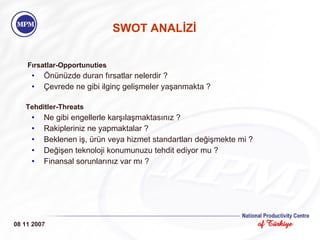 SWOT ANALİZİ Fırsatlar-Opportunuties Önünüzde duran fırsatlar nelerdir ? Çevrede ne gibi ilginç gelişmeler yaşanmakta ? Tehditler-Threats Ne gibi engellerle karşılaşmaktasınız ? Rakipleriniz ne yapmaktalar ? Beklenen iş, ürün veya hizmet standartları değişmekte mi ? Değişen teknoloji konumunuzu tehdit ediyor mu ? Finansal sorunlarınız var mı ? 08 11 2007 