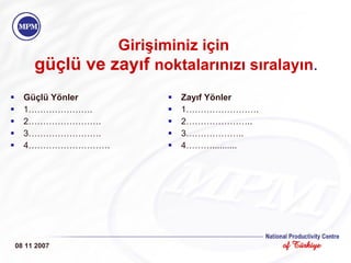 Girişiminiz için   güçlü ve zayıf  noktalarınızı sıralayın . Güçlü Yönler 1…………………. 2……………………. 3……………………. 4………………………. Zayıf Yönler 1……………………. 2………………….. 3……………….. 4……….......... 08 11 2007 