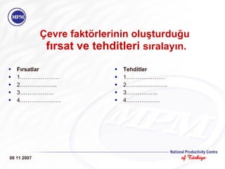 Çevre faktörlerinin oluşturduğu  fırsat ve tehditleri  sıralayın. Fırsatlar 1………………… 2……………….. 3……………… 4…………………. Tehditler 1………………… 2…………………. 3…………….. 4……………… 08 11 2007 