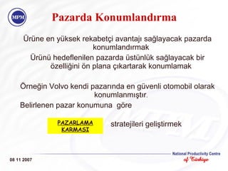 Ürüne en yüksek rekabetçi avantajı sağlayacak pazarda konumlandırmak Ürünü hedeflenilen pazarda üstünlük sağlayacak bir özelliğini ön plana çıkartarak konumlamak Örneğin Volvo kendi pazarında en güvenli otomobil olarak konumlanmıştır . Belirlenen pazar konumuna  göre  stratejileri geliştirmek 08 11 2007 PAZARLAMA KARMASI Pazarda Konumlandırma 