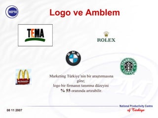 Logo ve Amblem 08 11 2007 <ul><ul><li>Marketing Türkiye’nin bir araştırmasına göre;  </li></ul></ul><ul><ul><li>logo bir f...