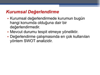 Kurumsal Değerlendirme Kurumsal değerlendirmede kurumun bugün hangi konumda olduğuna dair bir değerlendirmedir. Mevcut durumu tespit etmeye yöneliktir. Değerlendirme çalışmasında en çok kullanılan yöntem SWOT analizidir. 