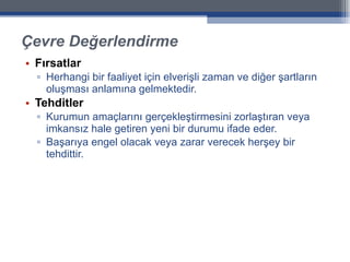 Çevre Değerlendirme Fırsatlar Herhangi bir faaliyet için elverişli zaman ve diğer şartların oluşması anlamına gelmektedir. Tehditler   Kurumun amaçlarını gerçekleştirmesini zorlaştıran veya imkansız hale getiren yeni bir durumu ifade eder.  Başarıya engel olacak veya zarar verecek herşey bir tehdittir.  