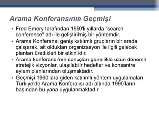 Arama Konferansının Geçmişi Fred Emery tarafından 1950'li yıllarda "search conference" adı ile geliştirilmiş bir yöntemdir.  Arama Konferansı geniş katılımlı grupların bir arada çalışarak, ait oldukları organizasyon ile ilgili gelecek planları ürettikleri bir etkinliktir.  Arama konferansı’nın sonuçları genellikle uzun dönemli stratejik vizyonlar, ulaşılabilir hedefler ve konsantre eylem planlarından oluşmaktadır. Geçmişi 1960’lara giden katılımlı yöntem uygulamaları Türkiye’de Arama Konferansı adı altında 1990’ların başından bu yana uygulanmaktadır.  