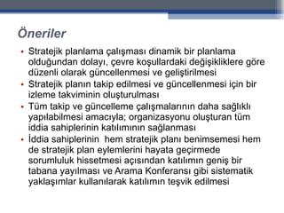 Öneriler Stratejik planlama çalışması dinamik bir planlama olduğundan dolayı, çevre koşullardaki değişikliklere göre düzenli olarak güncellenmesi ve geliştirilmesi Stratejik planın takip edilmesi ve güncellenmesi için bir izleme takviminin oluşturulması Tüm takip ve güncelleme çalışmalarının daha sağlıklı yapılabilmesi amacıyla; organizasyonu oluşturan tüm iddia sahiplerinin katılımının sağlanması İddia sahiplerinin  hem stratejik planı benimsemesi hem de stratejik plan eylemlerini hayata geçirmede sorumluluk hissetmesi açısından katılımın geniş bir tabana yayılması ve Arama Konferansı gibi sistematik yaklaşımlar kullanılarak katılımın teşvik edilmesi 