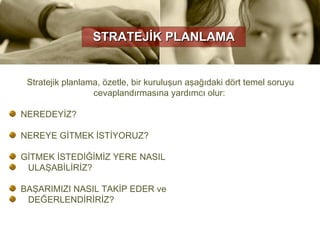 STRATEJİK PLANLAMA


 Stratejik planlama, özetle, bir kuruluşun aşağıdaki dört temel soruyu
                  cevaplandırmasına yardımcı olur:

NEREDEYİZ?

NEREYE GİTMEK İSTİYORUZ?

GİTMEK İSTEDİĞİMİZ YERE NASIL
 ULAŞABİLİRİZ?

BAŞARIMIZI NASIL TAKİP EDER ve
 DEĞERLENDİRİRİZ?
 