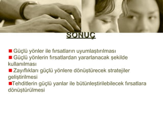 SONUÇ

  Güçlü yönler ile fırsatların uyumlaştırılması
  Güçlü yönlerin fırsatlardan yararlanacak şekilde
kullanılması
  Zayıflıkları güçlü yönlere dönüştürecek stratejiler
geliştirilmesi
 Tehditlerin güçlü yanlar ile bütünleştirilebilecek fırsatlara
dönüştürülmesi
 