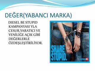 DEĞER(YABANCI MARKA)
 DIESEL BE STUPID
 KAMPANYASI YLA
 CESUR,YARATICI VE
 YENİLİĞE AÇIK GİBİ
 DEĞERLERLE
 ÖZDEŞLEŞTİRİLİYOR.
 