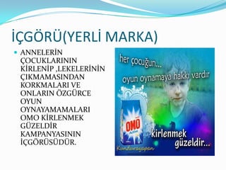 İÇGÖRÜ(YERLİ MARKA)
 ANNELERİN
 ÇOCUKLARININ
 KİRLENİP ,LEKELERİNİN
 ÇIKMAMASINDAN
 KORKMALARI VE
 ONLARIN ÖZGÜRCE
 OYUN
 OYNAYAMAMALARI
 OMO KİRLENMEK
 GÜZELDİR
 KAMPANYASININ
 İÇGÖRÜSÜDÜR.
 