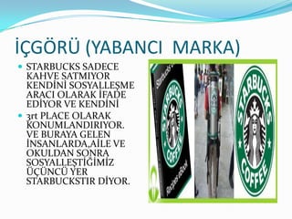 İÇGÖRÜ (YABANCI MARKA)
 STARBUCKS SADECE
  KAHVE SATMIYOR
  KENDİNİ SOSYALLEŞME
  ARACI OLARAK İFADE
  EDİYOR VE KENDİNİ
 3rt PLACE OLARAK
  KONUMLANDIRIYOR.
  VE BURAYA GELEN
  İNSANLARDA,AİLE VE
  OKULDAN SONRA
  SOSYALLEŞTİĞİMİZ
  ÜÇÜNCÜ YER
  STARBUCKSTIR DİYOR.
 