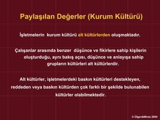 Paylaşılan Değerler (Kurum Kültürü)

    İşletmelerin kurum kültürü alt kültürlerden oluşmaktadır.


 Çalışanlar arasında benzer düşünce ve fikirlere sahip kişilerin
     oluşturduğu, aynı bakış açısı, düşünce ve anlayışa sahip
                grupların kültürleri alt kültürlerdir.


    Alt kültürler, işletmelerdeki baskın kültürleri destekleyen,
reddeden veya baskın kültürden çok farklı bir şekilde bulunabilen
                     kültürler olabilmektedir.



                                                           © Ülgen&Mirze 2004
 
