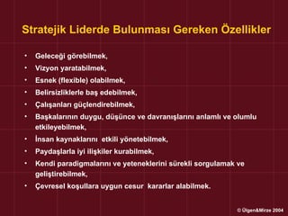 Stratejik Liderde Bulunması Gereken Özellikler

•   Geleceği görebilmek,
•   Vizyon yaratabilmek,
•   Esnek (flexible) olabilmek,
•   Belirsizliklerle baş edebilmek,
•   Çalışanları güçlendirebilmek,
•   Başkalarının duygu, düşünce ve davranışlarını anlamlı ve olumlu
    etkileyebilmek,
•   İnsan kaynaklarını etkili yönetebilmek,
•   Paydaşlarla iyi ilişkiler kurabilmek,
•   Kendi paradigmalarını ve yeteneklerini sürekli sorgulamak ve
    geliştirebilmek,
•   Çevresel koşullara uygun cesur kararlar alabilmek.


                                                             © Ülgen&Mirze 2004
 