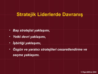 Stratejik Liderlerde Davranış


• Baş stratejist yaklaşımı,
• Yetki devri yaklaşımı,
• İşbirliği yaklaşımı,
• Özgün ve yaratıcı stratejileri cesaretlendirme ve
  seçme yaklaşımı.




                                              © Ülgen&Mirze 2004
 