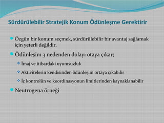 Sürdürülebilir Stratejik Konum Ödünleşme Gerektirir
 Özgün bir konum seçmek, sürdürülebilir bir avantaj sağlamak

için yeterli değildir.

Ödünleşim 3 nedenden dolayı otaya çıkar;
 İmaj ve itibardaki uyumsuzluk
 Aktivitelerin kendisinden ödünleşim ortaya çıkabilir
 İç kontrolün ve koordinasyonun limitlerinden kaynaklanabilir

Neutrogena örneği

 