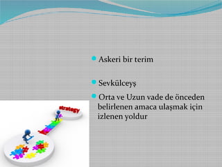 Askeri bir terim
Sevkülceyş
Orta ve Uzun vade de önceden

belirlenen amaca ulaşmak için
izlenen yoldur

 