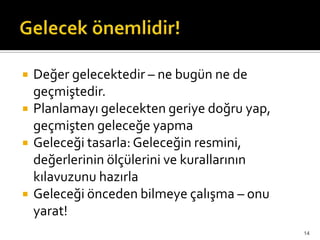  Değer gelecektedir – ne bugün ne de
geçmiştedir.
 Planlamayı gelecekten geriye doğru yap,
geçmişten geleceğe yapma
 Geleceği tasarla: Geleceğin resmini,
değerlerinin ölçülerini ve kurallarının
kılavuzunu hazırla
 Geleceği önceden bilmeye çalışma – onu
yarat!
14
 