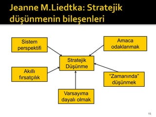Sistem
perspektifi
Akıllı
fırsatçılık
Varsayıma
dayalı olmak
“Zamanında”
düşünmek
Amaca
odaklanmak
Stratejik
Düşünme
15
 