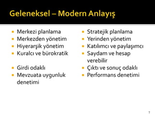 Merkezi planlama
 Merkezden yönetim
 Hiyerarşik yönetim
 Kuralcı ve bürokratik
 Girdi odaklı
 Mevzuata uygunluk
denetimi
 Stratejik planlama
 Yerinden yönetim
 Katılımcı ve paylaşımcı
 Saydam ve hesap
verebilir
 Çıktı ve sonuç odaklı
 Performans denetimi
7
 