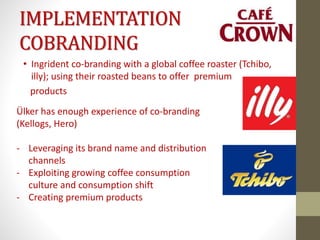 IMPLEMENTATION
COBRANDING
• Ingrident co-branding with a global coffee roaster (Tchibo,
illy); using their roasted beans to offer premium
products
Ülker has enough experience of co-branding
(Kellogs, Hero)
- Leveraging its brand name and distribution
channels
- Exploiting growing coffee consumption
culture and consumption shift
- Creating premium products
 