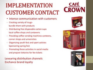 IMPLEMENTATION
CUSTOMER CONTACT
• Intense communication with customers
- Creating variety of mugs-
bundle them with products
- Distributing free disposable carton cups
local coffee shops and canteeens
- Providing coffee vending machines canteens,
corner shops and universities
- Organizing youth fest and sport activies
Sponsoring spring fest
- Promoting these activities in social media
and prepare lottories for fee tickets
Levearing distirbution channels
Enchance brand loyalty
 