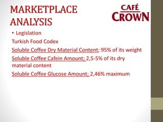 MARKETPLACE
ANALYSIS
• Legislation
Turkish Food Codex
Soluble Coffee Dry Material Content; 95% of its weight
Soluble Coffee Cafein Amount; 2,5-5% of its dry
material content
Soluble Coffee Glucose Amount; 2,46% maximum
 