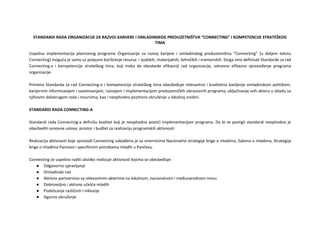 STANDARDI RADA ORGANIZACIJE ZA RAZVOJ KARIJERE I OMLADINSKOG PREDUZETNIŠTVA “CONNECTING” I KOMPETENCIJE STRATEŠKOG
TIMA
Uspešna implementacija planiranog programa Organizacije za razvoj karijere i omladinskog preduzetništva “Connecting” (u daljem tekstu
Connecting) moguća je samo uz potpuno korišćenje resursa – ljudskih, materijalnih, tehničkih i vremenskih. Stoga smo definisali Standarde za rad
Connecting-a i kompetencije strateškog tima, koji treba da obezbede efikasniji rad organizacije, odnosno efikasno sprovođenje programa
organizacije.
Primena Standarda za rad Connecting-a i kompetencija strateškog tima obezbeđuje relevantno i kvalitetno bavljenje omladinskom politikom,
karijernim informisanjem i savetovanjem, razvojem I implementacijom preduzetničkih obrazovnih programa, uključivanje svih aktera u skladu sa
njihovim delokrugom rada i resursima, kao i neophodno pozitivno okruženje u lokalnoj sredini.
STANDARDI RADA CONNECTING-A
Standardi rada Connecting-a definišu kvalitet koji je neophodno postići implementacijom programa. Da bi se postigli standardi neophodno je
obezbediti osnovne uslove, prostor i budžet za realizaciju programskih aktivnosti
Realizacija aktivnosti koje sprovodi Connecting usklađena je sa smernicima Nacionalne strategije brige o mladima, Zakona o mladima, Strategija
brige o mladima Pancevo i specificnim potrebama mladih u Pančevu.
Connecting će uspešno raditi ukoliko realizuje aktivnosti kojima se obezbeđuje:
● Odgovorno upravljanje
● Omladinski rad
● Aktivno partnerstvo sa relevantnim akterima na lokalnom, nacionalnom i međunarodnom nivou
● Dobrovoljno i aktivno učešće mladih
● Podsticanje različosti i inkluzije
● Sigurno okruženje
 