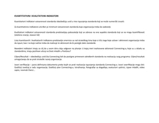 KVANTITATIVNI I KVALITATIVNI INDIKATORI
Kvantitativni indikatori ostvarenosti standarda obezbeđuju uvid u nivo ispunjenja standarda koji se može numerički izraziti.
Za kvantitativne indikatore utvrđen je minimum ostvarenosti standarda koje organizacija treba da zadovolji.
Kvalitativni indikatori ostvarenosti standarda predstavljaju pokazatelje koji se odnose na one aspekte standarda koji se ne mogu kvantifikovati
(stečeno znanje, stavovi itd)
Lista kvantitavnih i kvalitativnih indikatora predstavlje smernice za rad strateškog tima koje si tiču toga koje uslove i aktivnosti organizacija treba
da ispuni, kao i na koje načine treba da realizuje te aktivnosti da bi postigle date standarde.
Navedeni indikatori imaju za cilj da u svom zbiru daju odgovor na pitanje: U kojoj meri realizovane aktivnosti Connecting-a, koje su u skladu sa
standardima, imaju pozitivan uticaj na život mladih u Pančevu?
Ciljevi/Rezultati – obezbeđuju uvid šta Connecting želi da postigne primenom određenih standarda na realizaciju svog programa. Ciljevi/rezultati
omogućavaju da se prati strateški razvoj organizacije.
Izvori verifikacije – jasno definisana dokumenta preko kojih se prati realizacija ispunjenja standarda Connecting-a. Izvori voerifikacije mogu biti:
Godišnji izveštaj o radu organizacije, Godišnji plan Connecting-a, istraživanja, fotografije sa događaja, evalucioni upitnici, izjave mladih, video
zapisi, novinski članci...
 