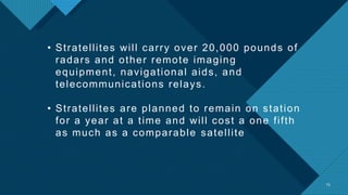 Click to edit Master title style
15
15
• Stratellites will carry over 20,000 pounds of
radars and other remote imaging
equ...
