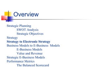 Strategic Planning
SWOT Analysis
Strategic Objectives
Strategy
Strategy to Electronic Strategy
Business Models to E-Business Models
E-Business Models
Value and Revenue
Strategic E-Business Models
Performance Metrics
The Balanced Scorecard
Overview
 