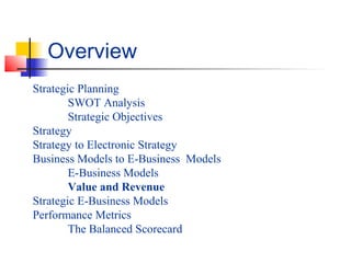 Strategic Planning
SWOT Analysis
Strategic Objectives
Strategy
Strategy to Electronic Strategy
Business Models to E-Business Models
E-Business Models
Value and Revenue
Strategic E-Business Models
Performance Metrics
The Balanced Scorecard
Overview
 