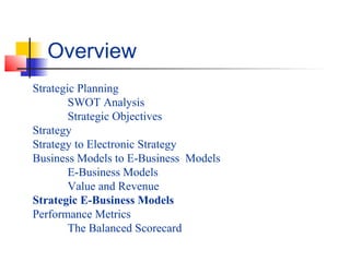 Strategic Planning
SWOT Analysis
Strategic Objectives
Strategy
Strategy to Electronic Strategy
Business Models to E-Business Models
E-Business Models
Value and Revenue
Strategic E-Business Models
Performance Metrics
The Balanced Scorecard
Overview
 