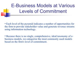 E-Business Models at Various
Levels of Commitment
• Each level of the pyramid indicates a number of opportunities for
the firm to provide stakeholder value and generate revenue streams
using information technology.
• Because there is no single, comprehensive, ideal taxonomy of e-
business models, we categorize the most commonly used models
based on the firm's level of commitment.
 