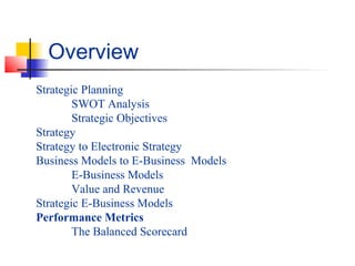 Strategic Planning
SWOT Analysis
Strategic Objectives
Strategy
Strategy to Electronic Strategy
Business Models to E-Business Models
E-Business Models
Value and Revenue
Strategic E-Business Models
Performance Metrics
The Balanced Scorecard
Overview
 