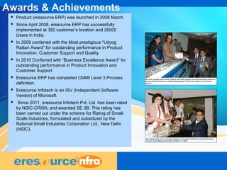 5
Awards & Achievements
 Product (eresource ERP) was launched in 2008 March.
 Since April 2008, eresource ERP has successfully
implemented at 350 customer’s location and 25000
Users in India.
 In 2009 conferred with the Most prestigious “Udyog
Rattan Award” for outstanding performance in Product
Innovation, Customer Support and Quality
 In 2010 Conferred with “Business Excellence Award” for
outstanding performance in Product Innovation and
Customer Support
 Eresource ERP has completed CMMI Level 3 Process
definition.
 Eresource Infotech is an ISV (Independent Software
Vendor) of Microsoft.
 Since 2011, eresource Infotech Pvt. Ltd. has been rated
by NSIC-CRISIL and awarded SE 3B. This rating has
been carried out under the scheme for Rating of Small-
Scale Industries, formulated and subsidized by the
National Small Industries Corporation Ltd., New Delhi
(NSIC).
 