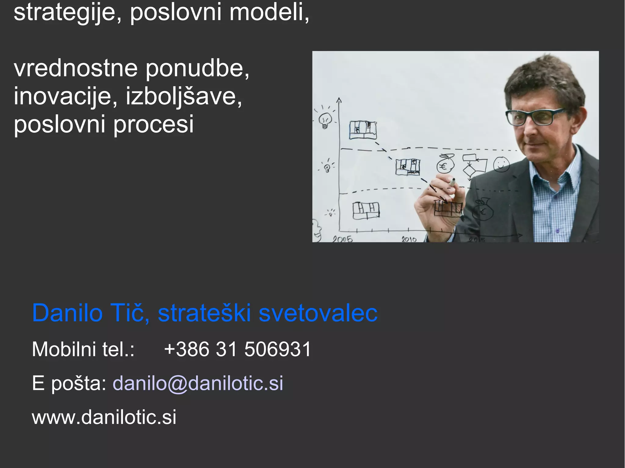 strategije, poslovni modeli,
vrednostne ponudbe,
inovacije, izboljšave,
poslovni procesi
Danilo Tič, strateški svetovalec
Mobilni tel.: +386 31 506931
E pošta: danilo@danilotic.si
www.danilotic.si
 