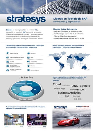 Líderes en Tecnología SAP
Innovadores y Especialistas

Stratesys es una empresa líder en servicios TIC y

Al guno s D a to s Re l e v a nte s

especialista en tecnología SAP, que cuenta con más de

• Más de 600 proyectos de implantación SAP

15 años de trayectoria en el mercado y acredita un elevado

• Certificados por SAP en más de 60 soluciones

grado de especialización desarrollando soluciones de

• Más de 450 profesionales expertos

negocio y aplicaciones tecnológicas para nuestros clientes.

• Presencia en España, Portugal, USA y LATAM

Desplegamos nuestro catálogo de servicios y soluciones
en cerca de 200 clientes de todos los sectores

Utilities y Energía

Consumo

Telecomunicacionesy Media

Retail

Industria

Transportes

Sector Público,
Sanidad y Educación

Pharma

Servicios, Construcción
y Inmobiliaria

Hemos ejecutado proyectos internacionales de
implantación y roll-out en más de 50 países

Banca y Seguros

Somos especialistas en múltiples tecnologías SAP
sobre las que ejecutamos nuestros servicios y
proyectos

Servicios Core

Implantación

Testing

AM

BPO
Otros
Servicios

Publicamos experiencias exitosas implantando soluciones
SAP CRM en nuestros clientes

 