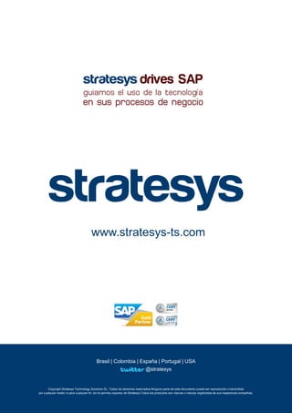 drives SAP

www.stratesys-ts.com

Brasil | Colombia | España | Portugal | USA
@stratesys

Copyright Stratesys Technology Solutions SL. Todos los derechos reservados.Ninguna parte de este documento puede ser reproducida o transmitida
por cualquier medio ni para cualquier fin, sin el permiso expreso de Stratesys.Todos los productos son marcas o marcas registradas de sus respectivas compañías.

 