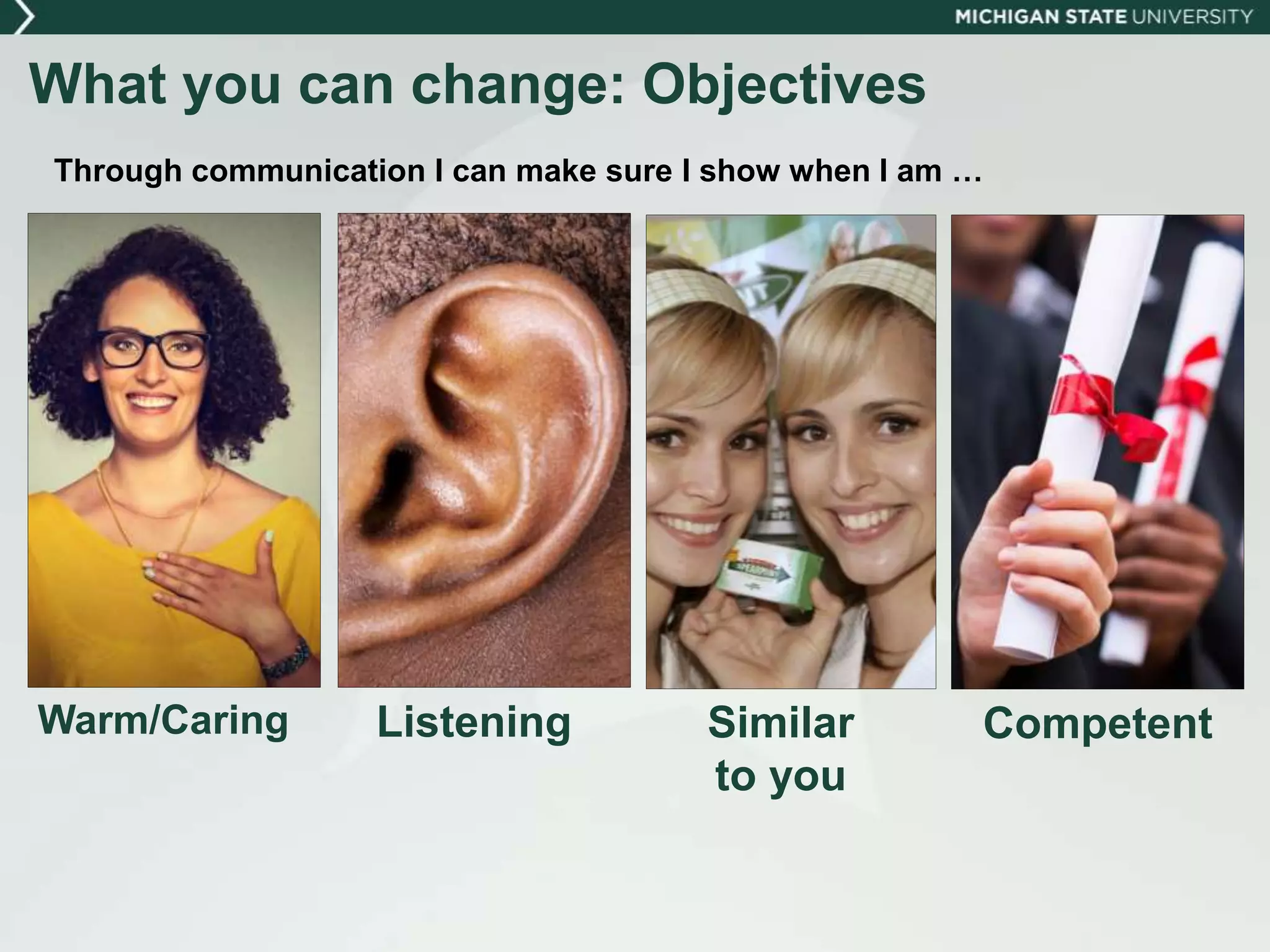 What you can change: Objectives
Warm/Caring Listening Competent
Through communication I can make sure I show when I am …
Similar
to you
 
