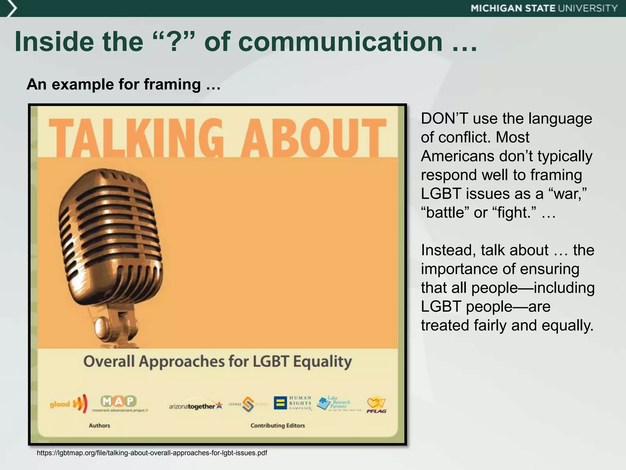 Inside the “?” of communication …
An example for framing …
DON’T use the language
of conflict. Most
Americans don’t typically
respond well to framing
LGBT issues as a “war,”
“battle” or “fight.” …
Instead, talk about … the
importance of ensuring
that all people—including
LGBT people—are
treated fairly and equally.
https://lgbtmap.org/file/talking-about-overall-approaches-for-lgbt-issues.pdf
 