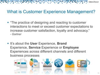 What is Customer Experience Management?

 “The practice of designing and reacting to customer
  interactions to meet or exceed customer expectations to
  increase customer satisfaction, loyalty and advocacy.“
 - Gartner


 It’s about the User Experience, Brand
  Experience, Service Experience or Employee
  Experiences across different channels and different
  business processes




                                                            13
 
