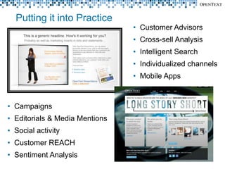 Putting it into Practice
                                • Customer Advisors
                                • Cross-sell Analysis
                                • Intelligent Search
                                • Individualized channels
                                • Mobile Apps



• Campaigns
• Editorials & Media Mentions
• Social activity
• Customer REACH
• Sentiment Analysis
 