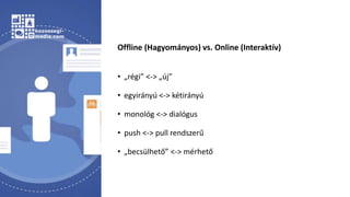 Offline (Hagyományos) vs. Online (Interaktív)
• „régi” <-> „új”
• egyirányú <-> kétirányú
• monológ <-> dialógus
• push <-> pull rendszerű
• „becsülhető” <-> mérhető
 