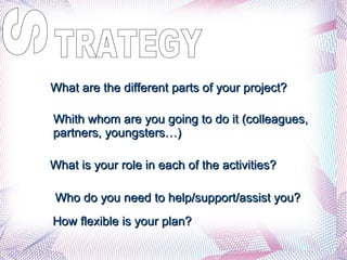 TRATEGY What are the different parts of your project? Whith whom are you going to do it (colleagues, partners, youngsters…) What is your role in each of the activities? Who do you need to help/support/assist you? How flexible is your plan? S 