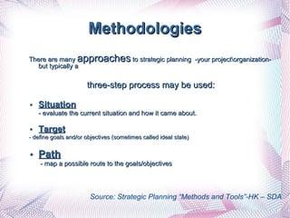 Methodologies There are many  approaches  to strategic planning  -your project\organization- but typically a  three-step process may be used: Situation   - evaluate the current situation and how it came about.  Target   - define goals and/or objectives (sometimes called ideal state)  Path   - map a possible route to the goals/objectives  Source: Strategic Planning “Methods and Tools”-HK – SDA 