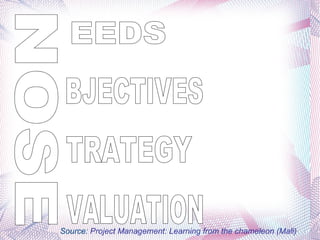 VALUATION BJECTIVES TRATEGY EEDS Source:  Project Management: Learning from the chameleon (Mali) NOSE 