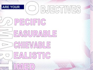 BJECTIVES ARE YOUR   EASURABLE CHIEVABLE EALISTIC PECIFIC IMED SMART O 