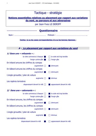 1                         - Jean-Yves LE DEROFF - CTS Voile Bretagne – 16/12/2003




                                     Tactique - stratégie
    Notions essentielles relatives au placement par rapport aux variations
                   du vent, au parcours et aux adversaires
                                      par Jean-Yves LE DEROFF

-------------------------------- Questionnaire -------------------------------
    Nom : …………………………………………………… Prénom : …………………………………………………..

               Cochez la ou les cases correspondantes à la ou les bonnes réponses :




              A - Le placement par rapport aux variations du vent

1/ Dans une « refusante » :
                   la voile commence à faseyer                     la voile est trop bordée
                              l'engin contre-gîte                  l'engin gîte

En tribord amures les chiffres du compas
                                     augmentent                    diminuent

En bâbord amures les chiffres du compas
                                     augmentent                    diminuent

L'angle girouette / plan de voilure
                                        augmente                   diminue

Les repères terrestres
                    disparaissent devant le mât                    apparaissent devant le mât


2/ Dans une « adonnante » :
                   la voile commence à faseyer                     la voile est trop bordée
                              l'engin contre-gîte                  l'engin gîte
En tribord amures, les chiffres du compas
                                     augmentent                    diminuent

En bâbord amures, les chiffres du compas
                                     augmentent                    diminuent
L'angle girouette / plan de voilure
                                        augmente                   diminue
Les repères terrestres
                 disparaissent devant le mât                       apparaissent devant le mât
 