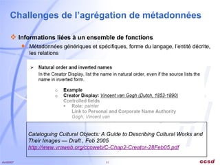Challenges de l’agrégation de métadonnées Informations liées à un ensemble de fonctions  Métadonnées génériques et spécifiques, forme du langage, l’entité décrite, les relations Cataloguing Cultural Objects: A Guide to Describing Cultural Works and Their Images — Draft , Feb 2005  http://www.vraweb.org/ccoweb/C-Chap2-Creator-28Feb05.pdf 