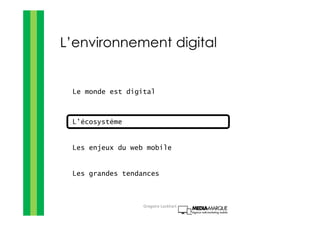 L’environnement digital
Le monde est digital
L’écosystème
Les enjeux du web mobile
Les grandes tendances
Gregoire Lockhart
 